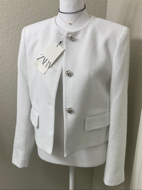 Zara Jackets & Blazers - ZARA White Tweed Collarless Blazer with Decorative Silver Buttons